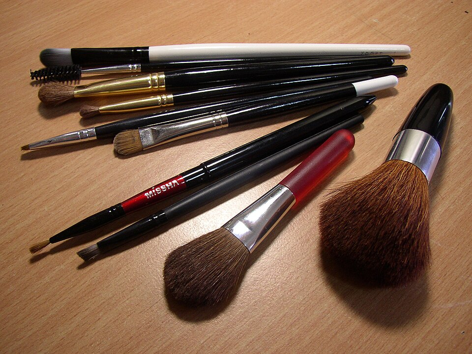 A selection of makeup brushes arranged on a table.